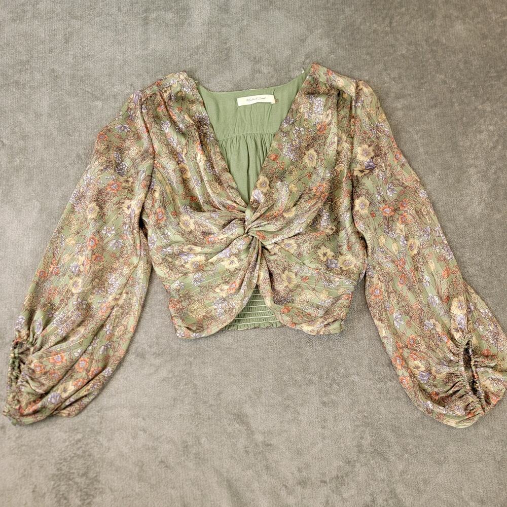 Green Puff Sleeve Blouse Small Button Front Ruched Soft Girl